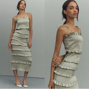 V. Chapman Lily Ruched Ruffled Stretch Satin Midi Dress Sage Green NWT